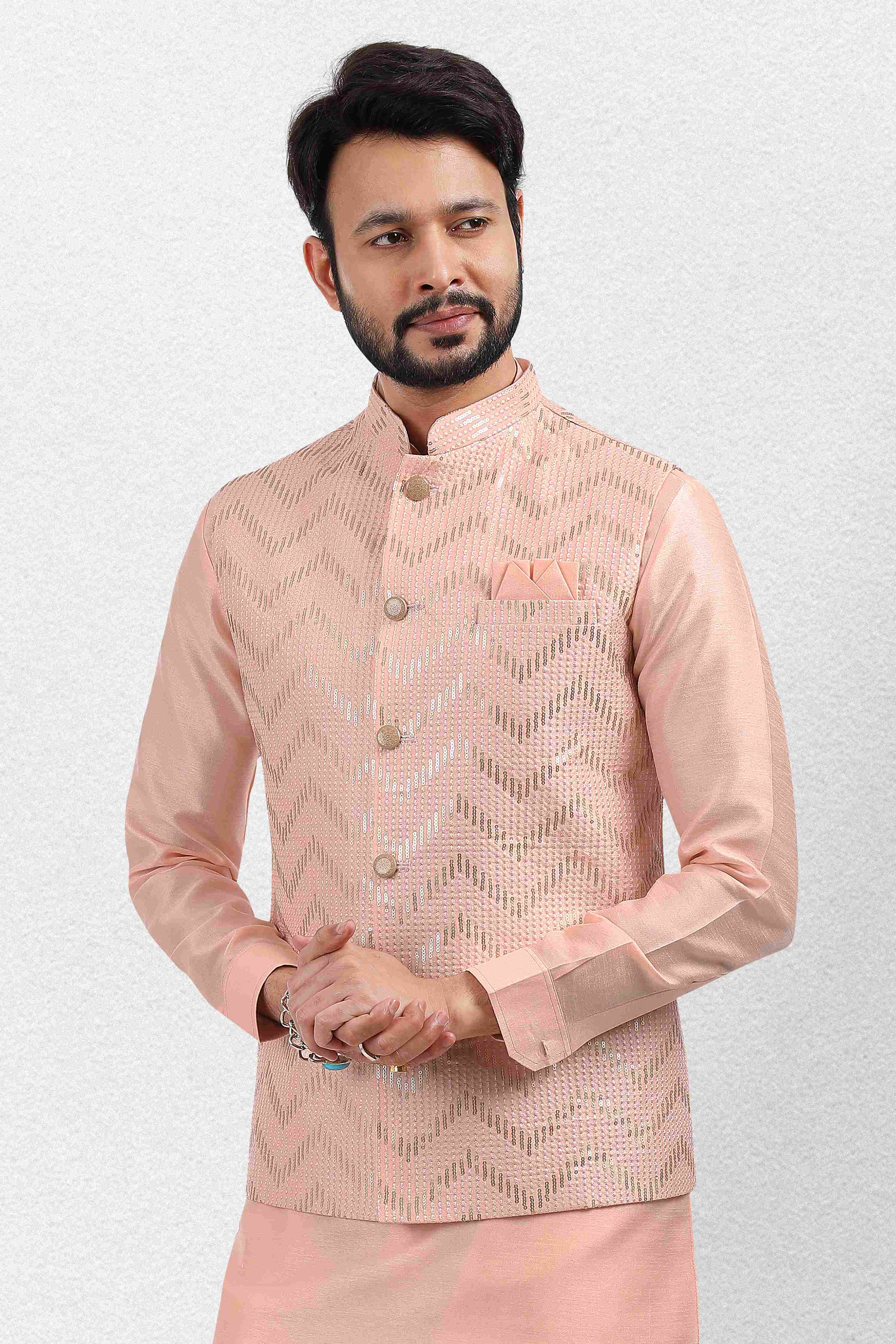 Raivat Ethnic Art Banarasi Silk Thread Work 3 Pics Jacket Set In Peach Colour - Distacart