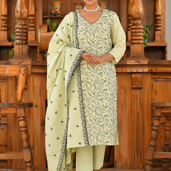 Vaasva Women's Cotton Solid Pista Embroidered Suit Set - Distacart