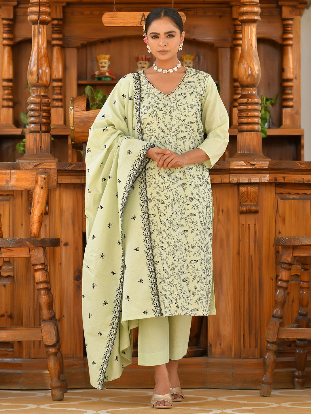Vaasva Women's Cotton Solid Pista Embroidered Suit Set - Distacart