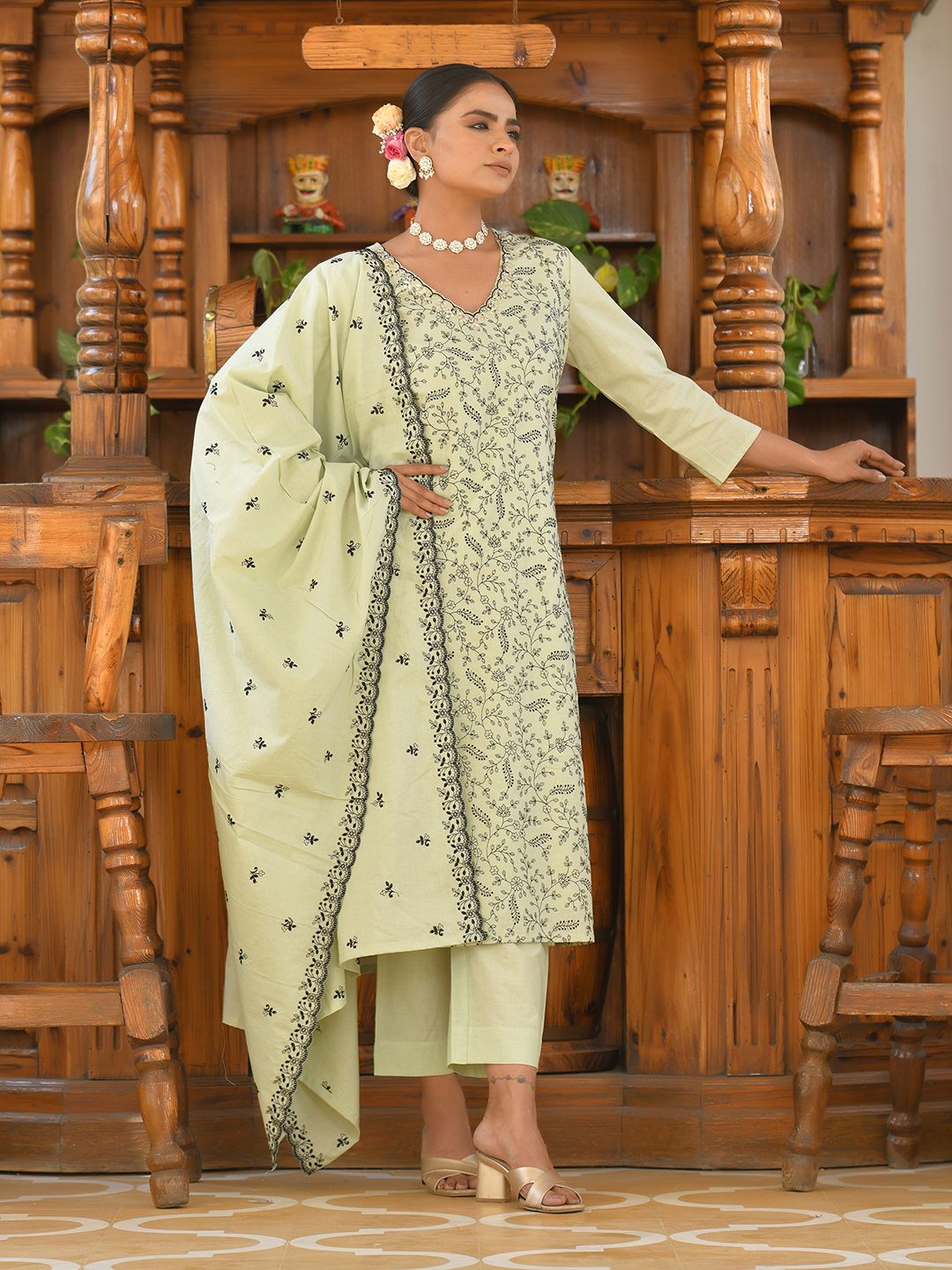 Vaasva Women's Cotton Solid Pista Embroidered Suit Set - Distacart