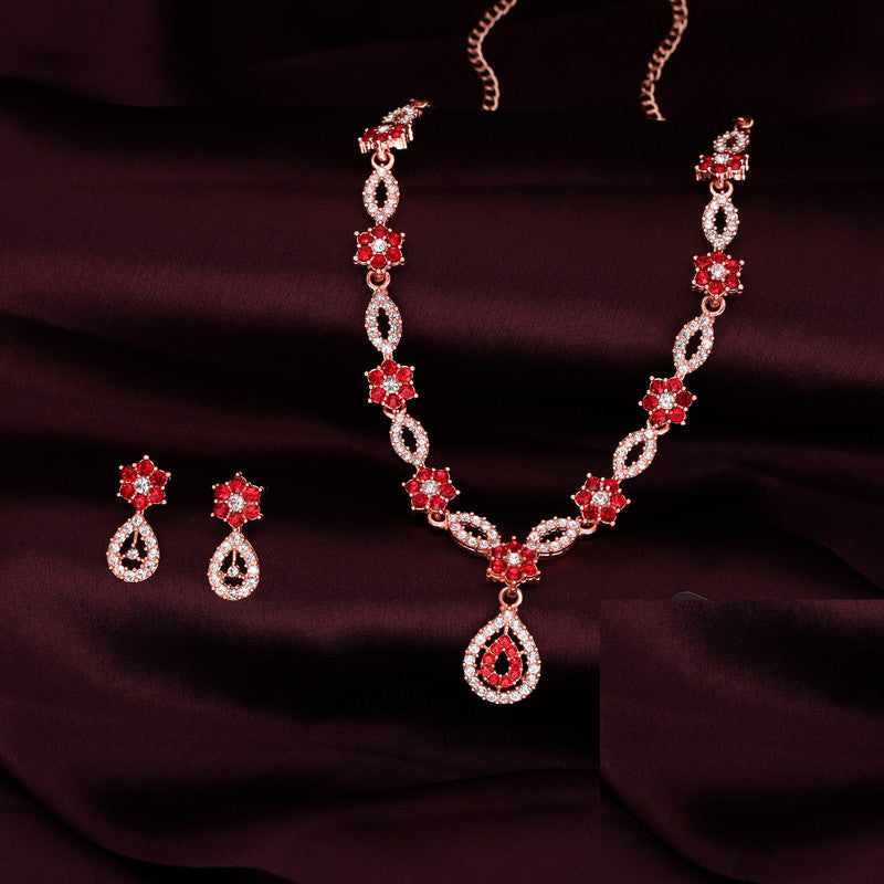 Tehzeeb Creations Elegant Red Polished American Diamond (Ad) Studded Necklace And Earring Set For Women - Distacart