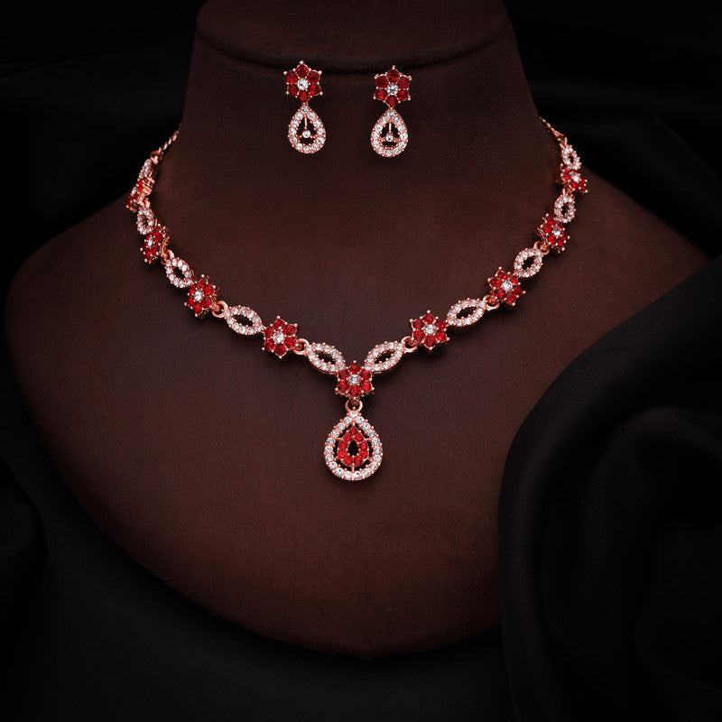 Tehzeeb Creations Elegant Red Polished American Diamond (Ad) Studded Necklace And Earring Set For Women - Distacart