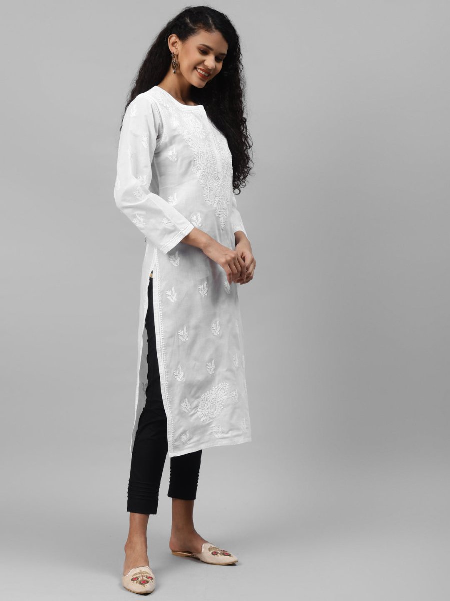 ADA Women White & Black Paisley Embroidered Chikankari Handloom Kurta with Trousers - Distacart
