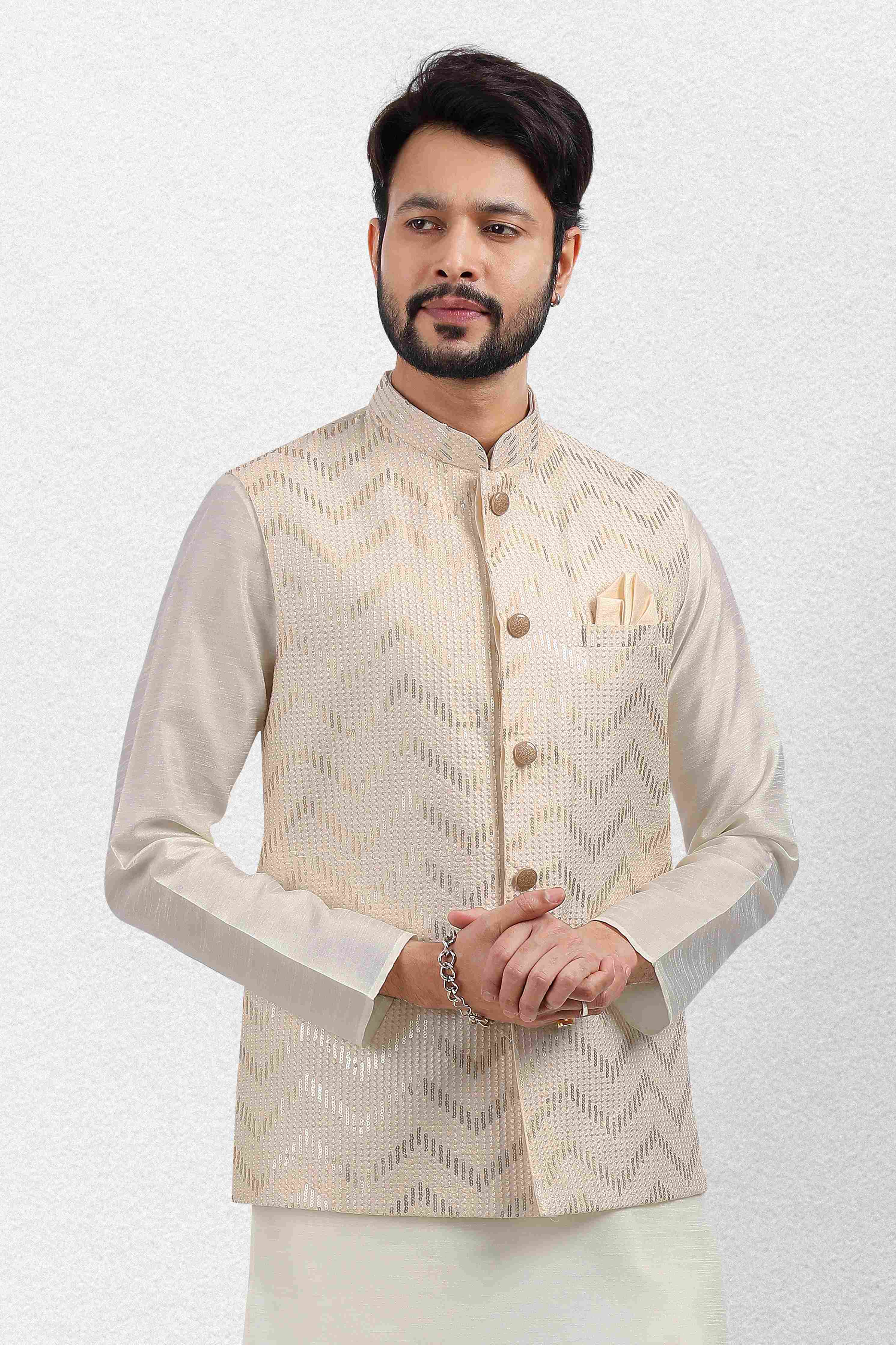 Raivat Ethnic Art Banarasi Silk Thread Work 3 Pics Jacket Set In Cream Colour - Distacart
