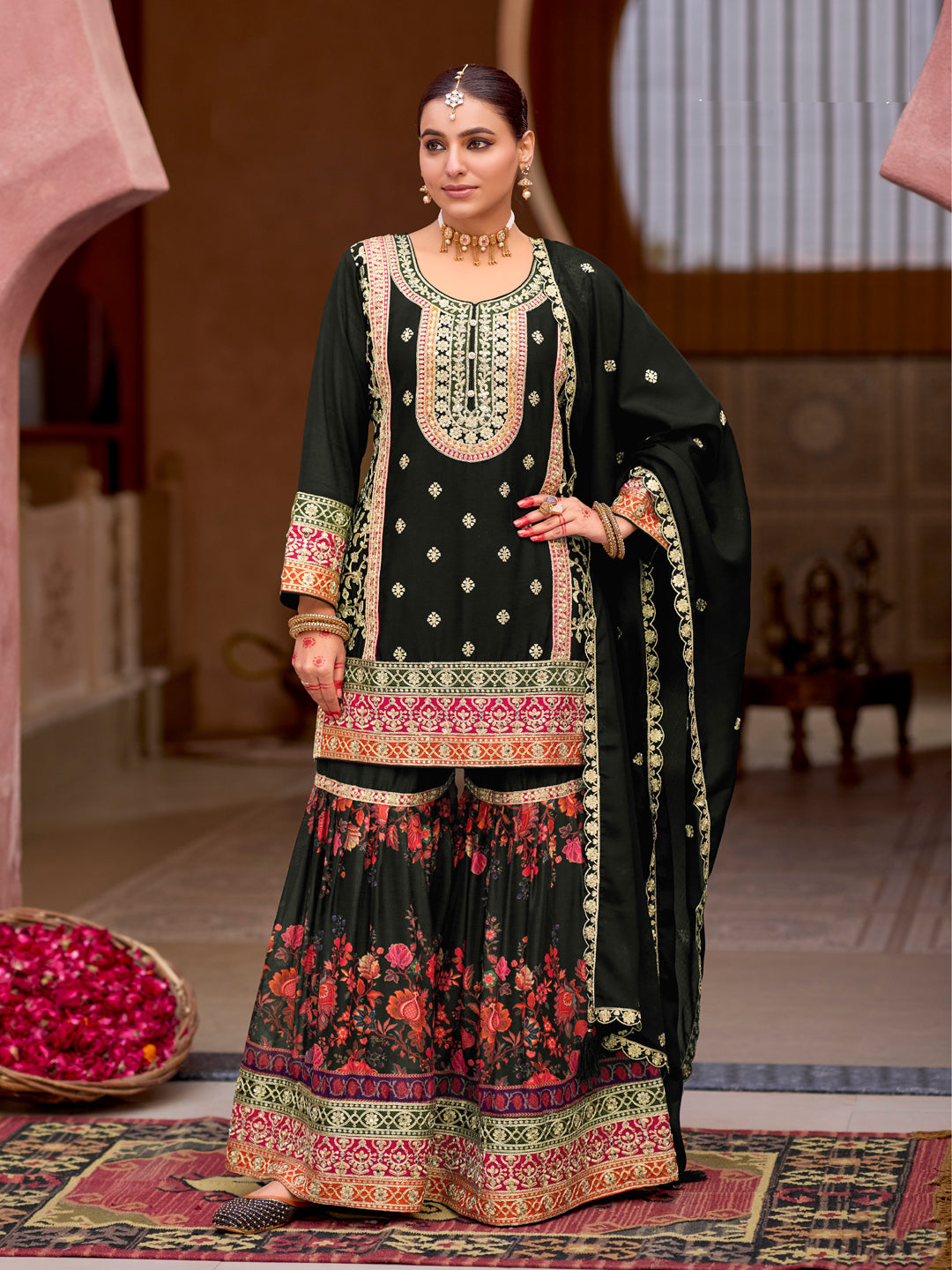 Evanik Black Chinon Silk with Codding Embroidery work with Digital Print Sharara Suit