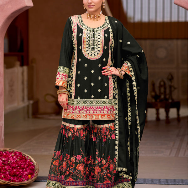 Evanik Black Chinon Silk with Codding Embroidery work with Digital Print Sharara Suit
