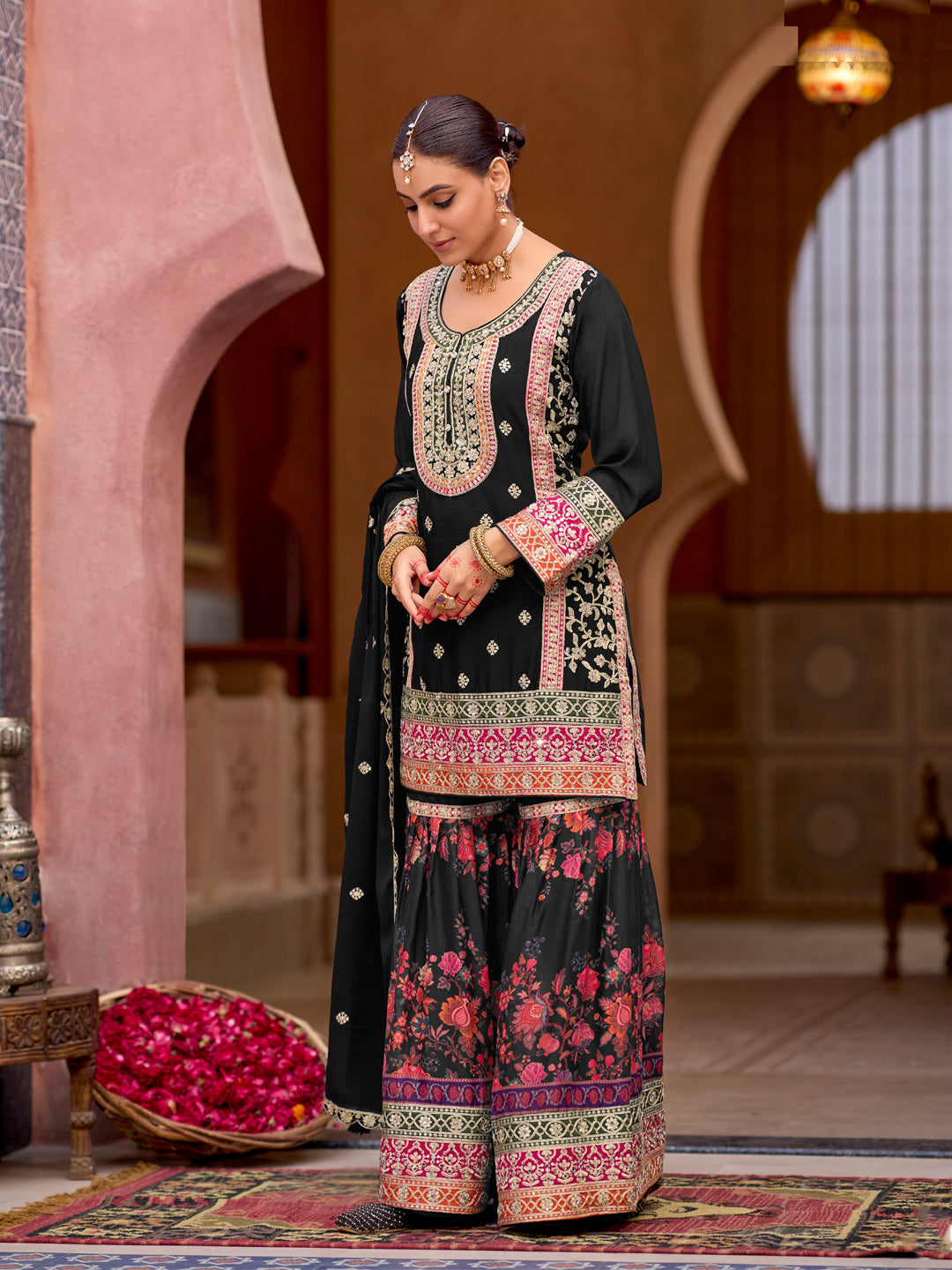 Evanik Black Chinon Silk with Codding Embroidery work with Digital Print Sharara Suit