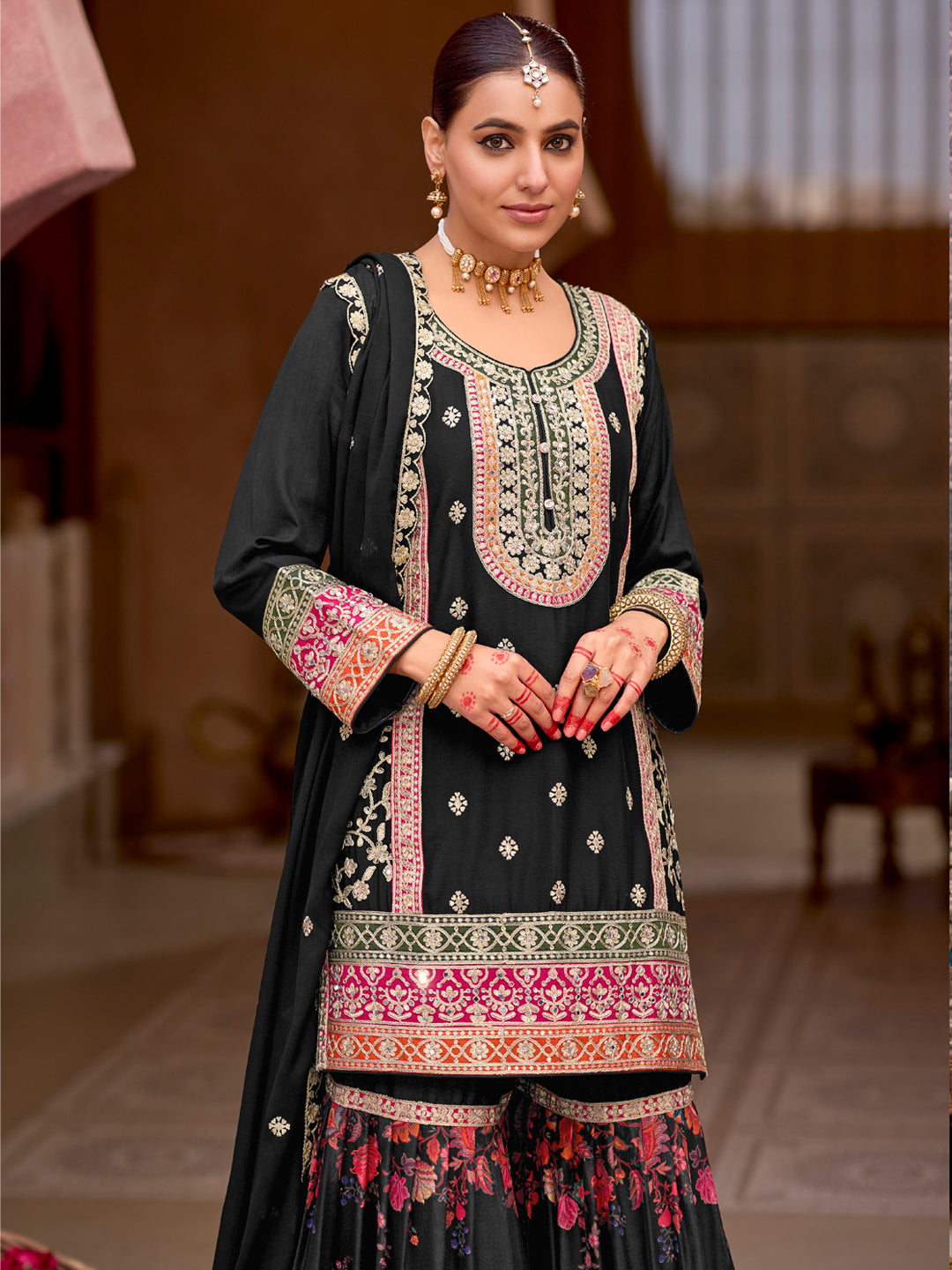 Evanik Black Chinon Silk with Codding Embroidery work with Digital Print Sharara Suit