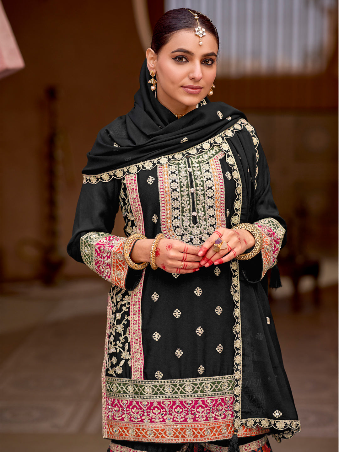 Evanik Black Chinon Silk with Codding Embroidery work with Digital Print Sharara Suit