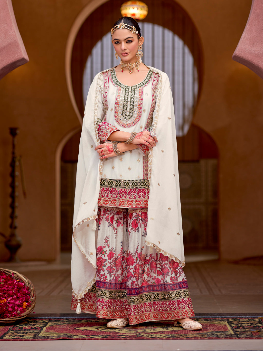 Evanik White Chinon Silk with Codding Embroidery work with Digital Print Sharara Suit