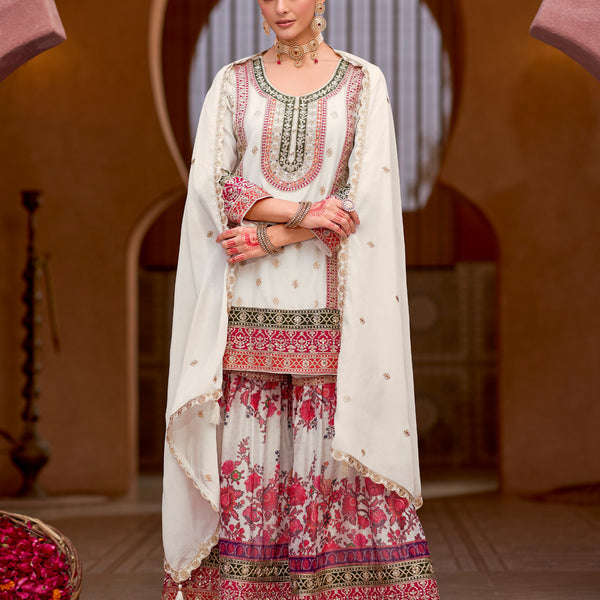 Evanik White Chinon Silk with Codding Embroidery work with Digital Print Sharara Suit