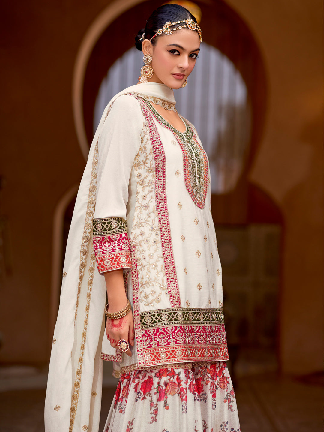 Evanik White Chinon Silk with Codding Embroidery work with Digital Print Sharara Suit