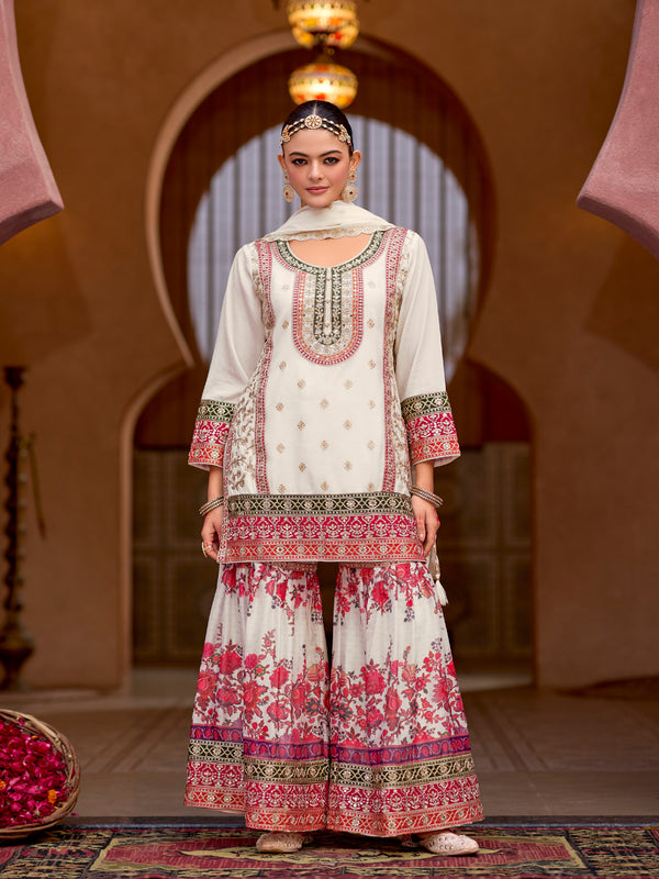 Evanik White Chinon Silk with Codding Embroidery work with Digital Print Sharara Suit