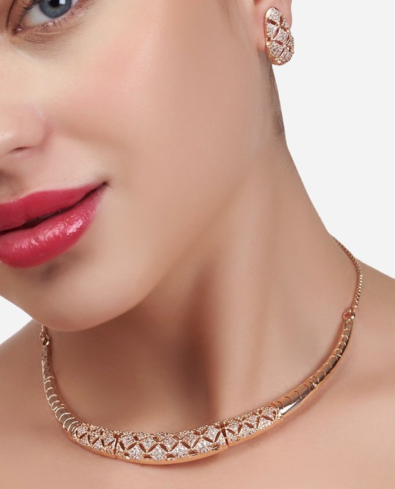 Jewel City Rose-Gold Plated White CZ-Studded Jewellery Set - Distacart