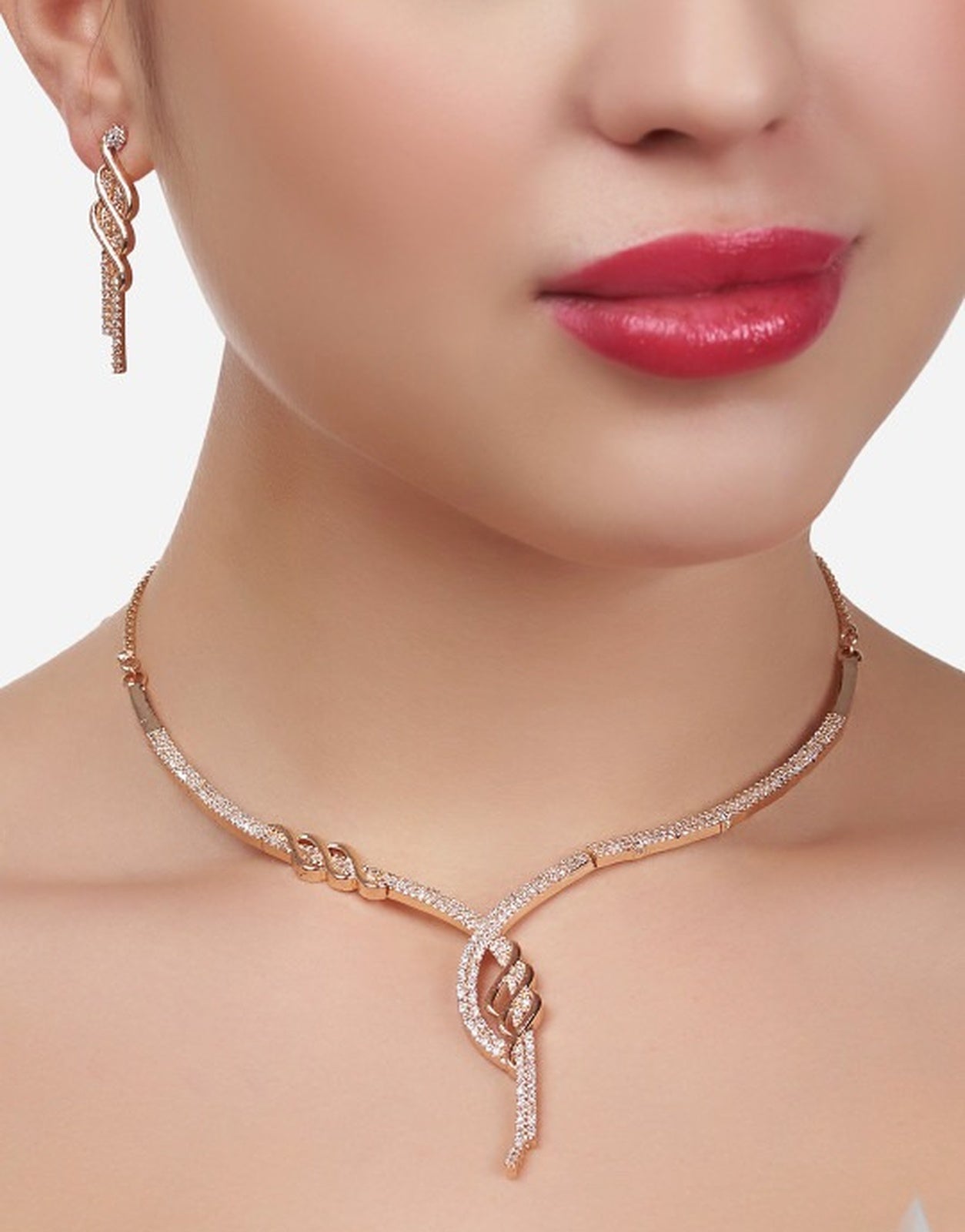 Jewel City Rose-Gold Plated White CZ-Studded Jewellery Set - Distacart