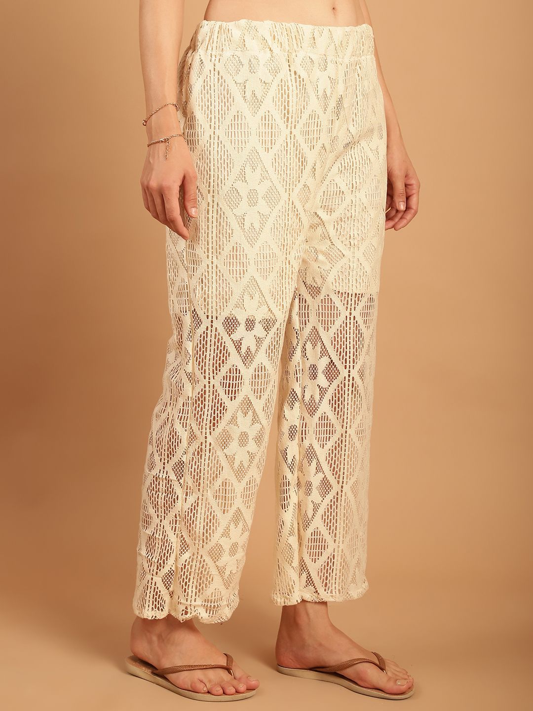 TAG 7 Women Geometric Self Design Sheer With Half Lining Crochet Wide Leg Palazzos - Distacart