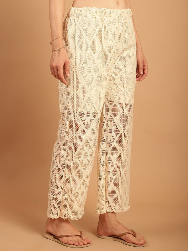 TAG 7 Women Geometric Self Design Sheer With Half Lining Crochet Wide Leg Palazzos