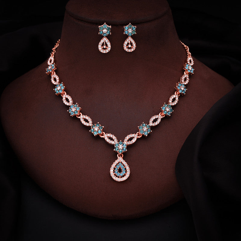 Tehzeeb Creations Elegant Sky Blue Polished American Diamond (Ad) Studded Necklace And Earring Set For Women - Distacart