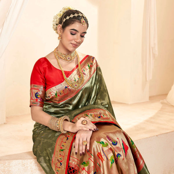 Anaita Mehendi Designer Weaving Pure Paithani Tissue Silk Saree With Blouse - Distacart