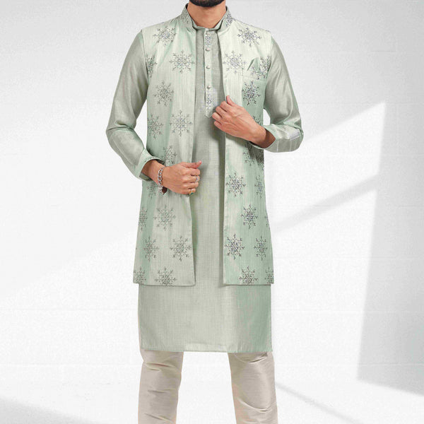 Raivat Ethnic Art Banarasi Silk Thread Work 3 Pics Jacket Set In Pista Green Colour - Distacart
