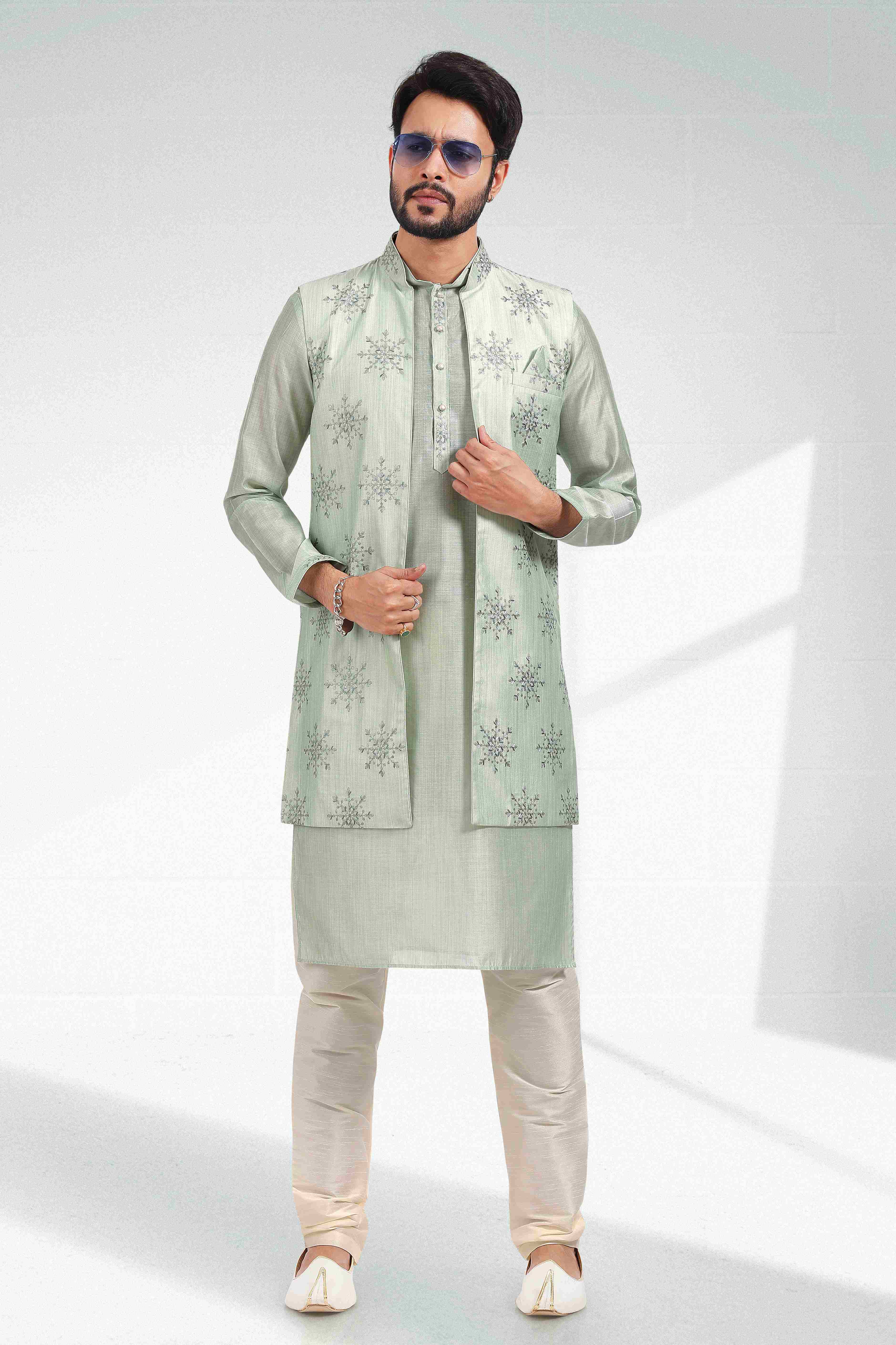 Raivat Ethnic Art Banarasi Silk Thread Work 3 Pics Jacket Set In Pista Green Colour - Distacart