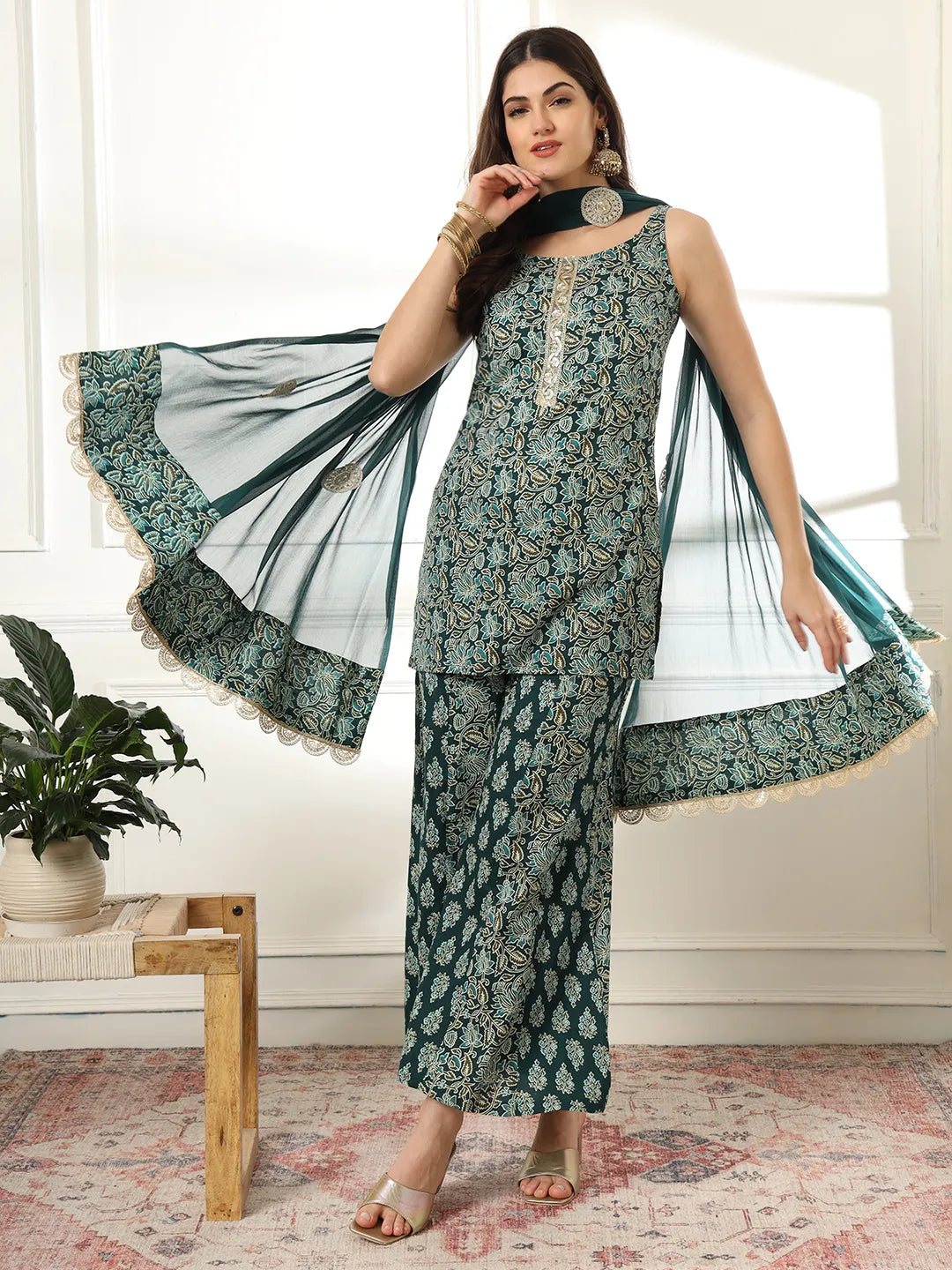 Yufta Cotton Green Kurta Palazzo Set - Distacart