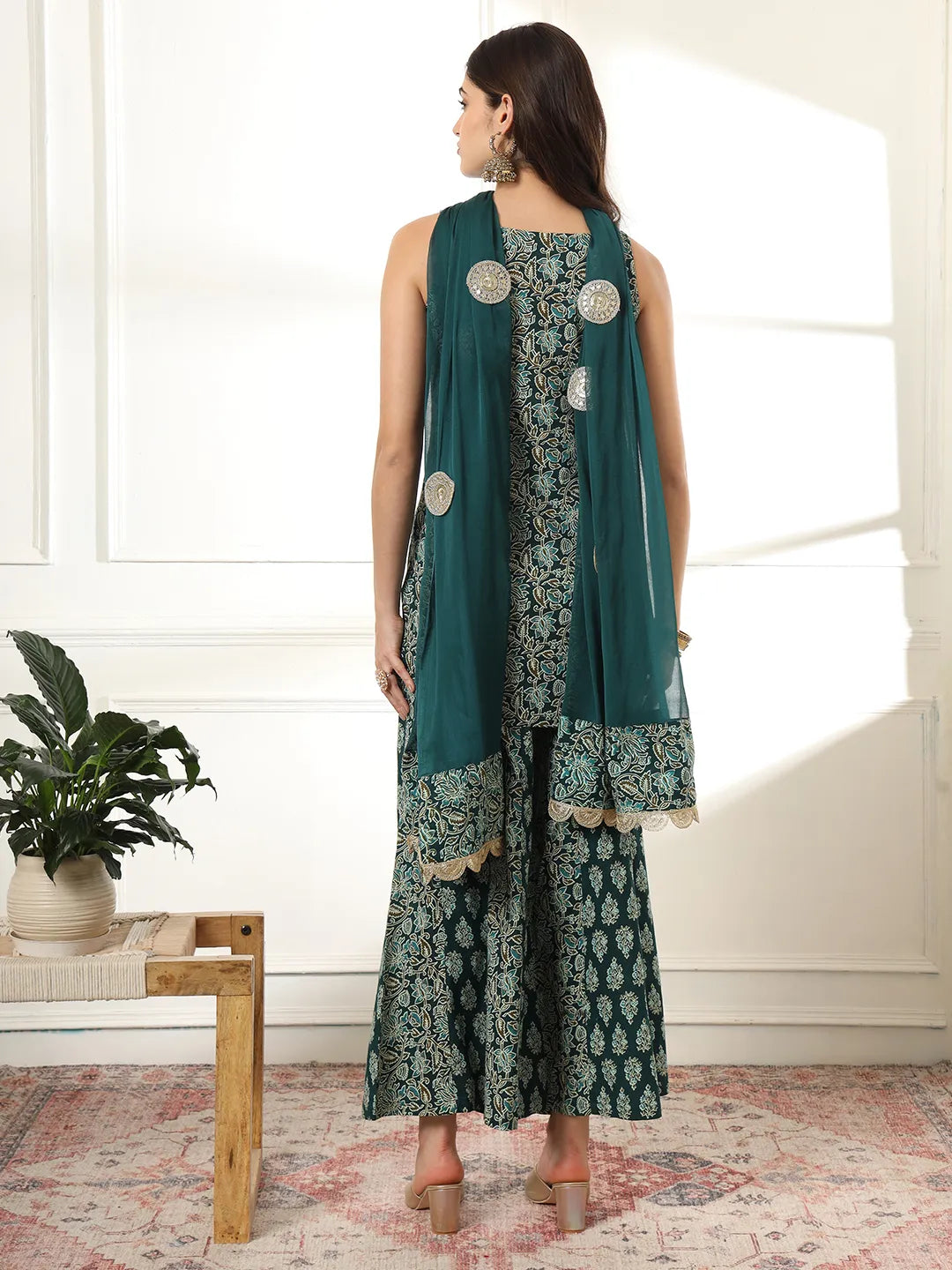 Yufta Cotton Green Kurta Palazzo Set