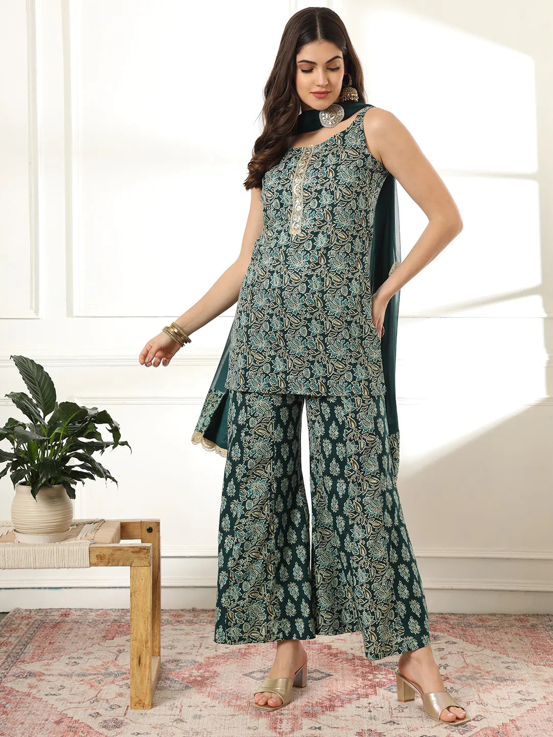 Yufta Cotton Green Kurta Palazzo Set