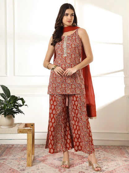Yufta Cotton Rust Kurta Sharara Set - Distacart
