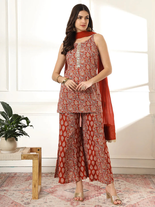 Yufta Cotton Rust Kurta Sharara Set