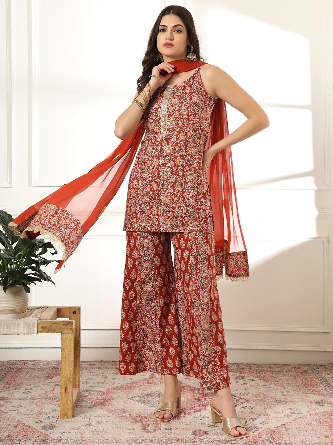 Yufta Cotton Rust Kurta Sharara Set - Distacart