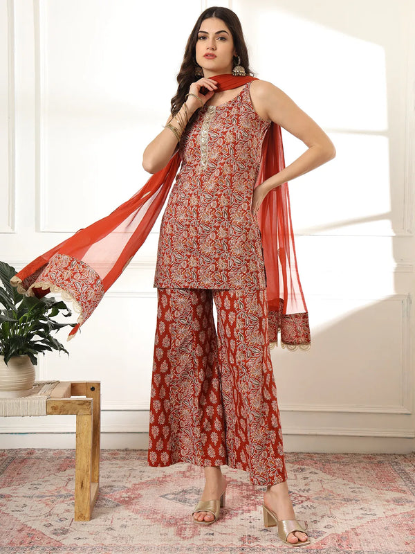 Yufta Cotton Rust Kurta Sharara Set