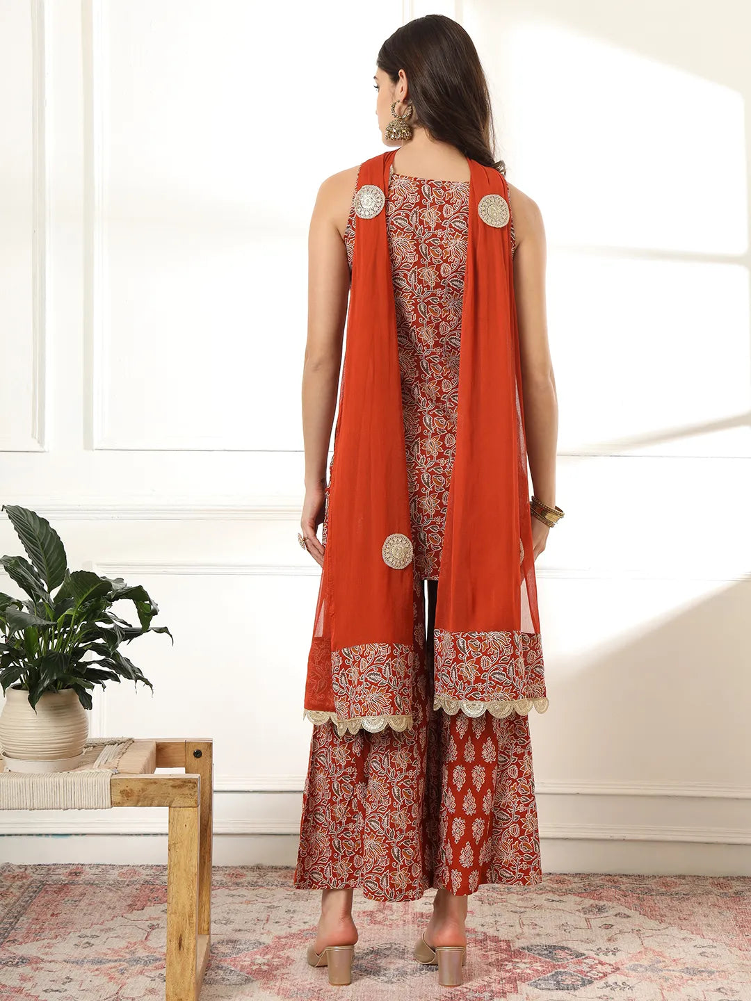 Yufta Cotton Rust Kurta Sharara Set