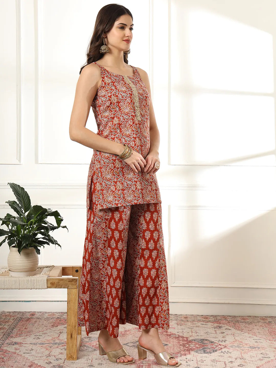 Yufta Cotton Rust Kurta Sharara Set