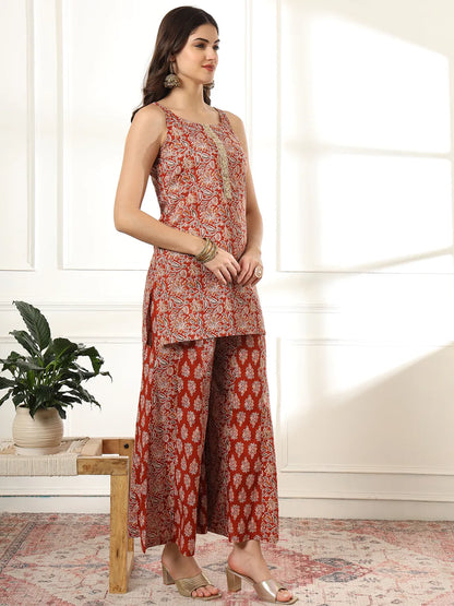 Yufta Cotton Rust Kurta Sharara Set - Distacart