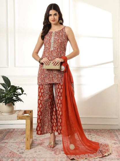 Yufta Cotton Rust Kurta Sharara Set - Distacart