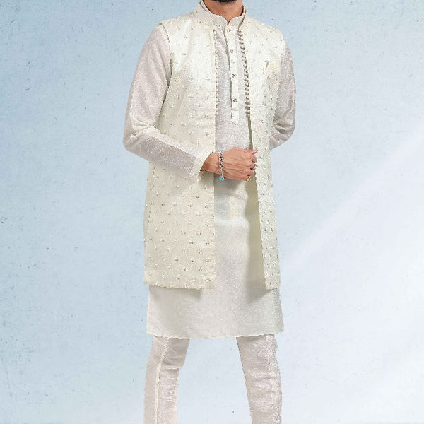 Raivat Ethnic Art Banarasi Silk Thread Work 3 Pics Jacket Set In Cream Colour - Distacart