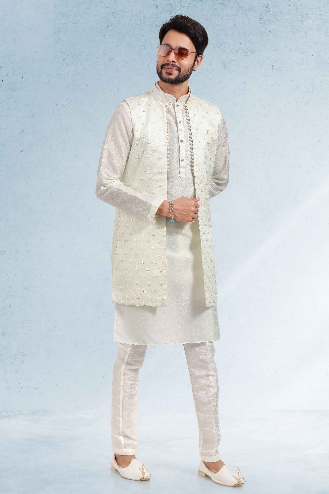Raivat Ethnic Art Banarasi Silk Thread Work 3 Pics Jacket Set In Cream Colour - Distacart