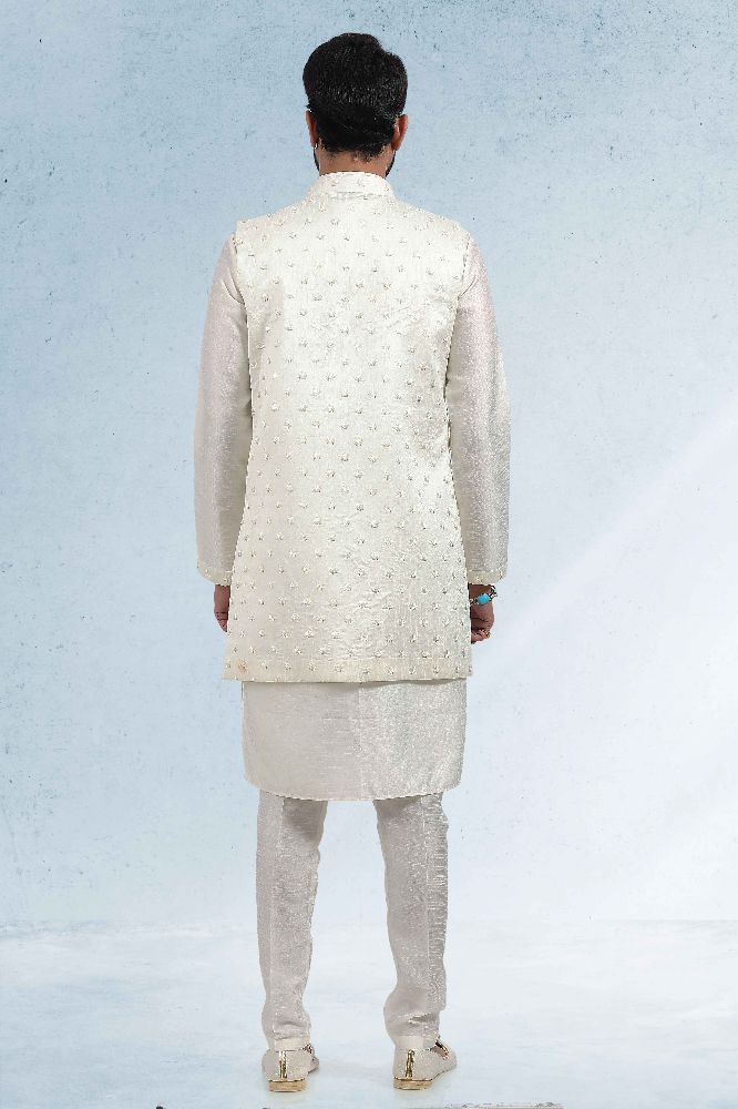 Raivat Ethnic Art Banarasi Silk Thread Work 3 Pics Jacket Set In Cream Colour - Distacart