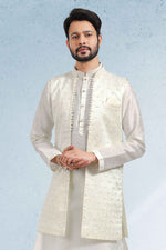 Thumbnail for Raivat Ethnic Art Banarasi Silk Thread Work 3 Pics Jacket Set In Cream Colour - Distacart