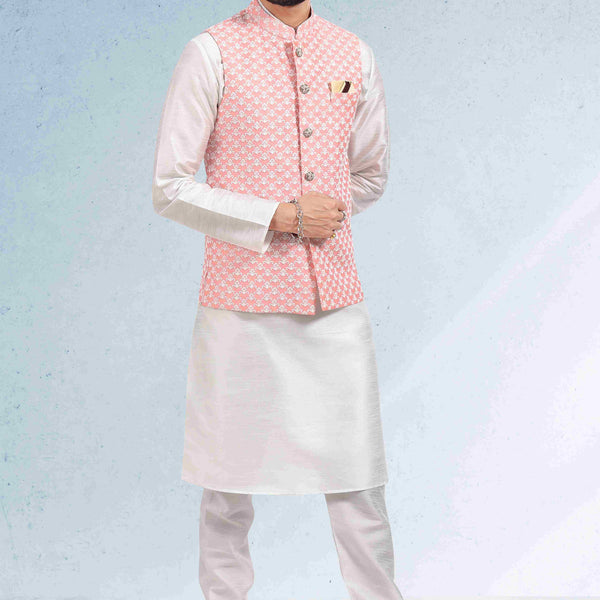 Raivat Ethnic Art Banarasi Silk Thread Work 3 Pics Jacket Set In Peach Colour - Distacart