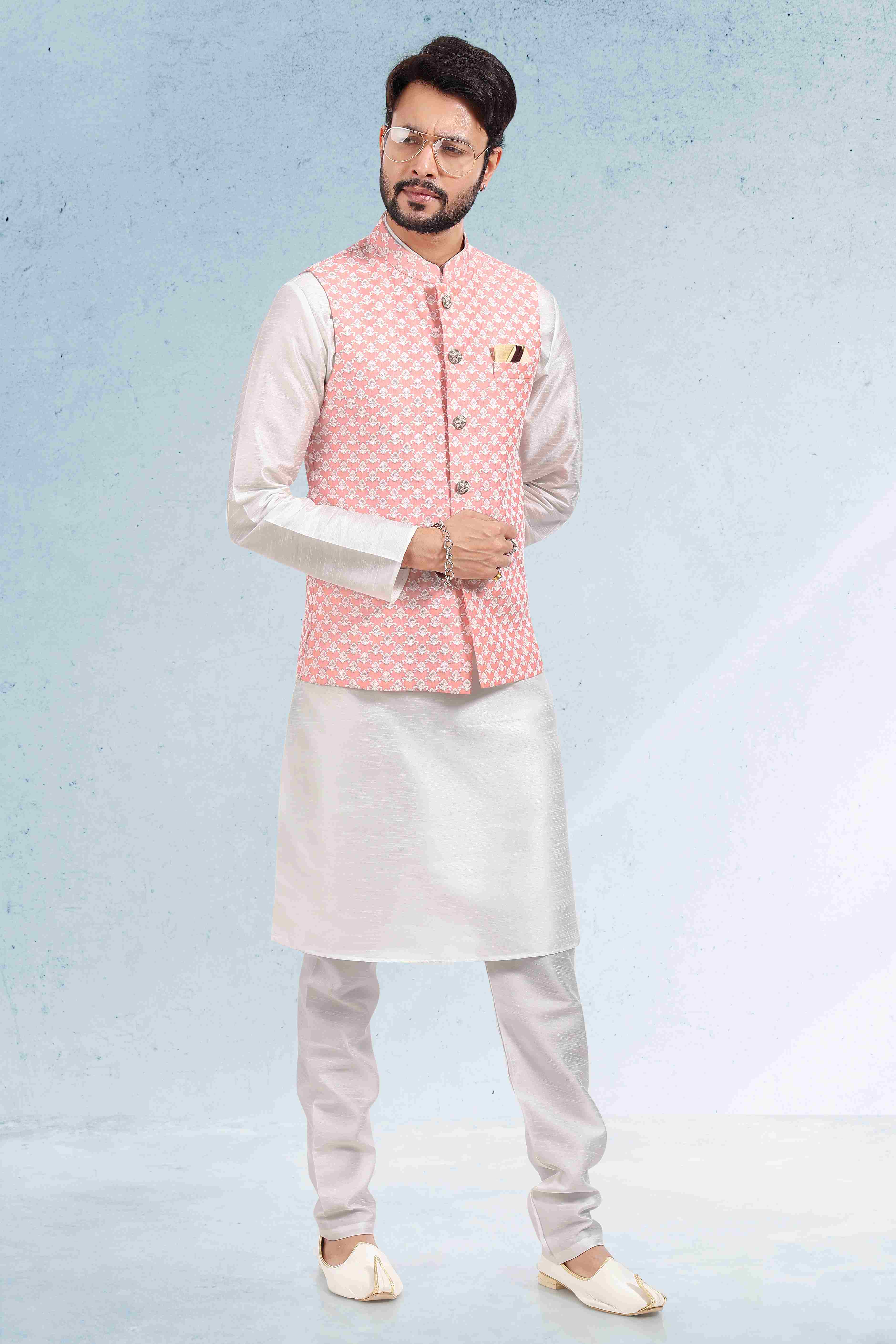 Raivat Ethnic Art Banarasi Silk Thread Work 3 Pics Jacket Set In Peach Colour - Distacart