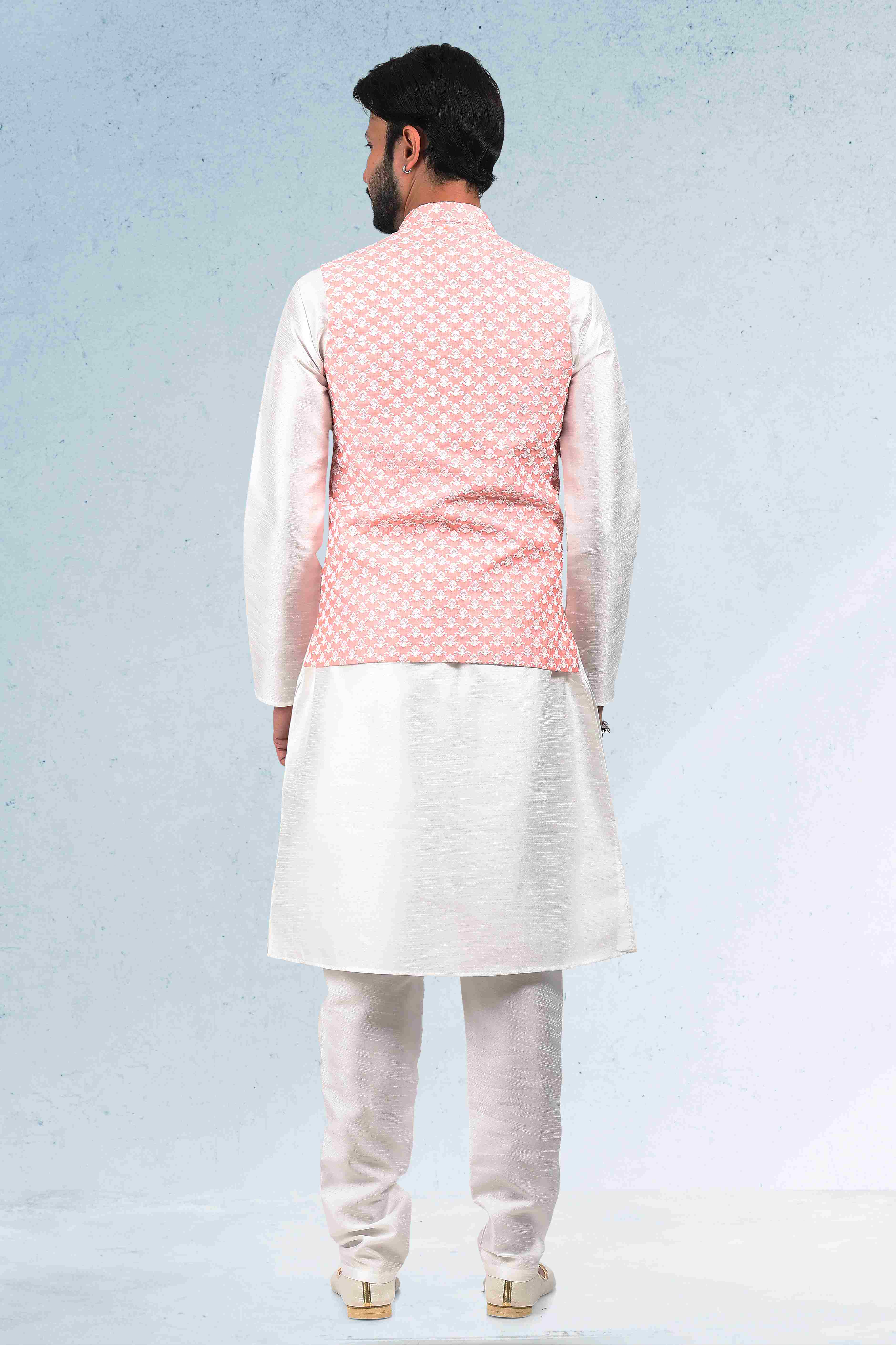 Raivat Ethnic Art Banarasi Silk Thread Work 3 Pics Jacket Set In Peach Colour - Distacart