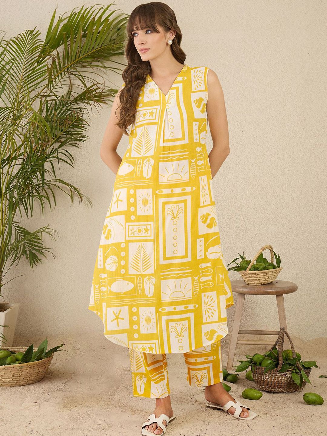 Indo Era Women Ethnic Motifs Printed Pleated Pure Cotton Kurta with Trousers