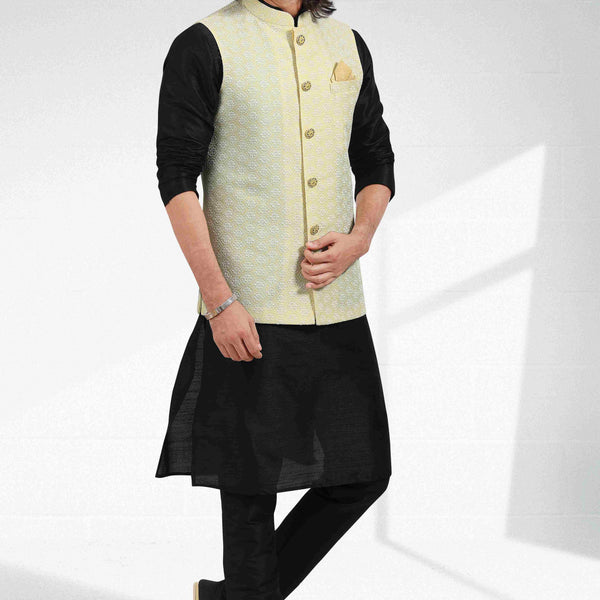Raivat Ethnic Art Banarasi Silk Thread Work 3 Pics Jacket Set In Yellow Colour - Distacart
