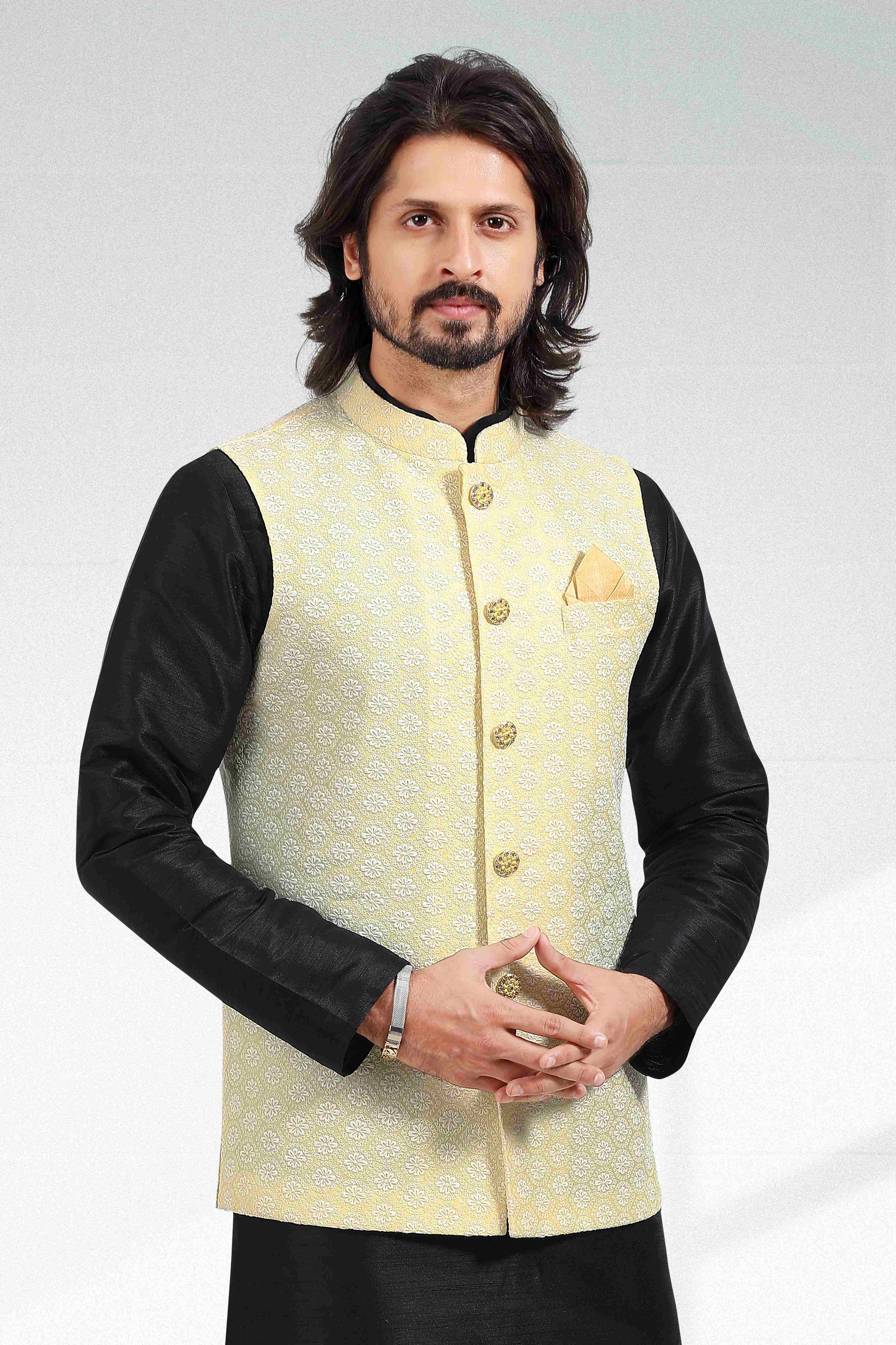 Raivat Ethnic Art Banarasi Silk Thread Work 3 Pics Jacket Set In Yellow Colour - Distacart