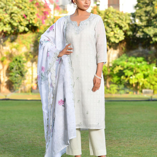 Vaasva Women's Grey Green Linen Suit Set With Cutwork Dupatta - Distacart