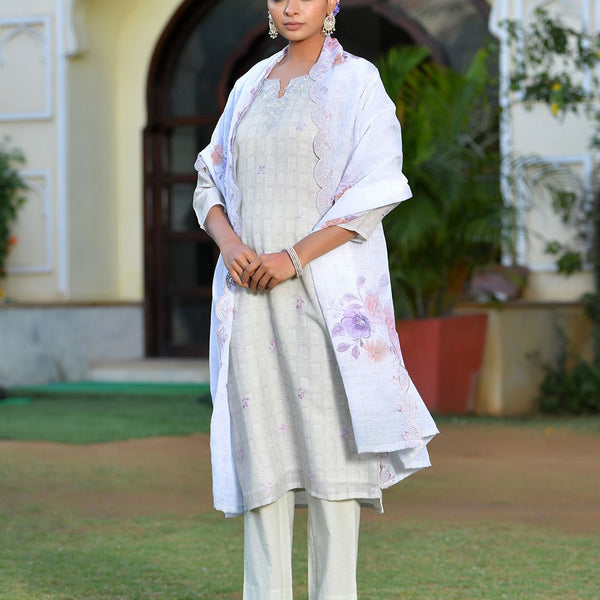 Vaasva Women's Grey Purple Linen Suit Set With Cutwork Dupatta - Distacart