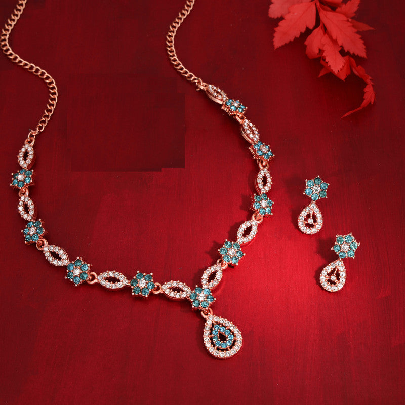 Tehzeeb Creations Elegant Sky Blue Polished American Diamond (Ad) Studded Necklace And Earring Set For Women - Distacart