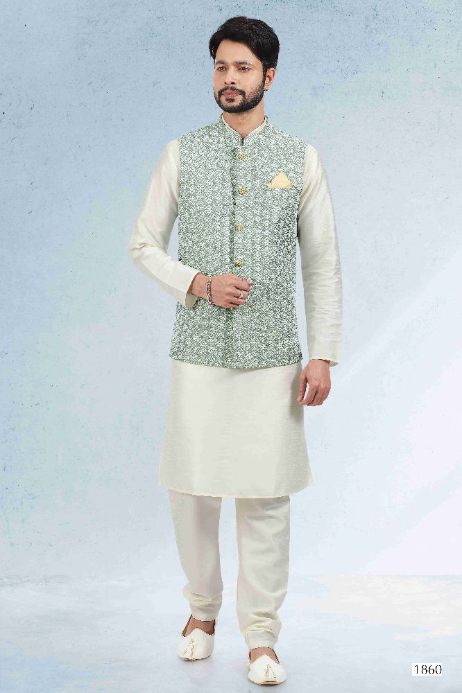 Raivat Ethnic Art Banarasi Silk Thread Work 3 Pics Jacket Set In Mehendi Green Colour - Distacart